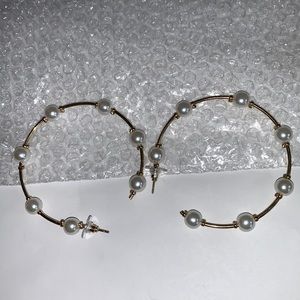 Gold & Pearl Hoop Earrings 2 & 1/4” Round NWOT